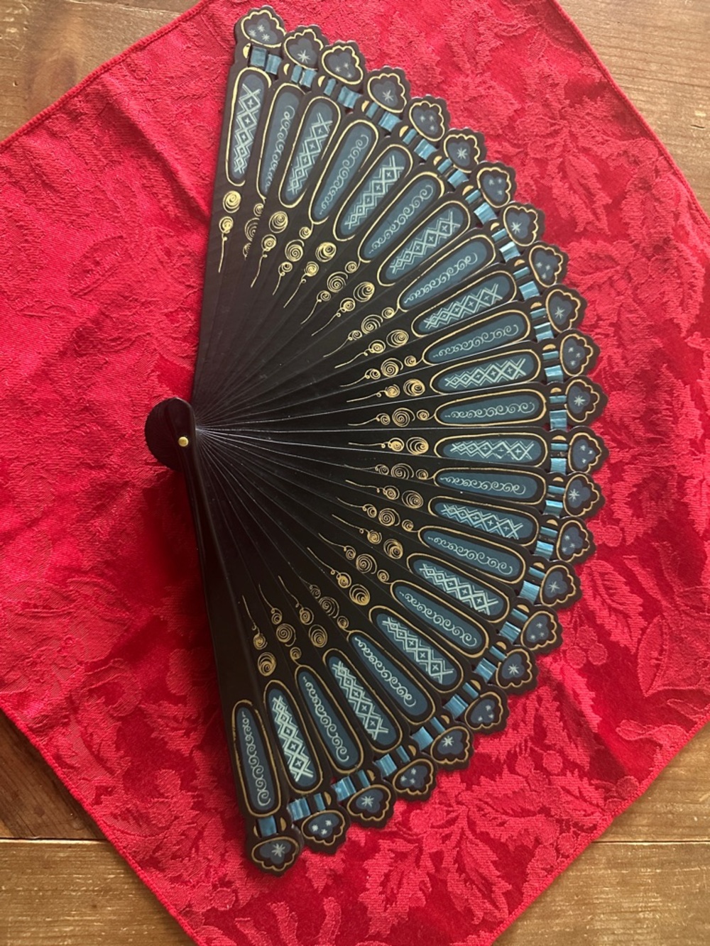 Vintage Spanish Spain Black Hand Fan Abanico with Gold and Teal Accents